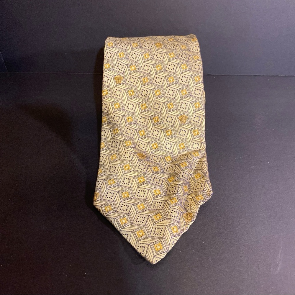Versace Gold 3‎ Dimensional Cube Geometric Design 100% Silk Luxury Neck Tie